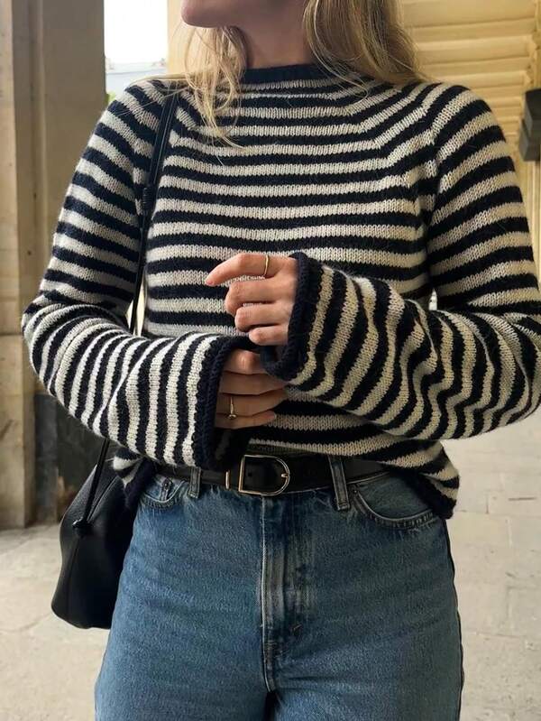 Minimalist Contrast Striped Crew Neck Knit Sweater, Long Sleeve Soft & Cozy Layering Top For Women, Autumn/Winter