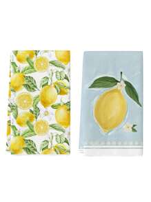 2 Pcs Yellow Plaid And Watercolor Fruit Pattern Kitchen Towels Lemon Print Dish Towels Kitchen Decorative Washing And Drying Dishes