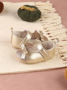 1 Pair Infant Girl Shoes With Bow Hook And Loop Closure, Cute Shiny Mini Crown Design, Round Toe Flat, Suitable For Spring/Autumn, 0-6 Months - Gold - View 3