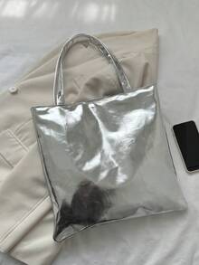 新款简约手提包大容量亮面皮革手提包，个性化软PU漆面通勤手提包，大容量高光镜面时尚购物手提包 - 銀色 - 查看 5