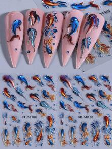 2 张 5D 浮雕海洋主题指甲贴纸海星铃铛水母设计指甲贴花夏季春季指甲用品适合女士和女孩