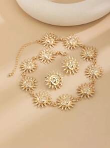 3 Pcs/Set Geometric Sunflower, Face Pendant Necklace & Earring Jewelry Set For Women, Fashion Daily Accessory & Gift