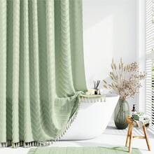 Stall Fabric Shower Curtain, 36x72 Inch Half Boho Tufted  Striped Small Cloth Bathroom Shower Curtains, Narrow Thick Waterproof Polyester Shower Curtain Set With 6 Hooks, Sage Green - Green - View 1