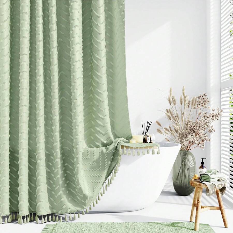 Stall Fabric Shower Curtain, 36x72 Inch Half Boho Tufted  Striped Small Cloth Bathroom Shower Curtains, Narrow Thick Waterproof Polyester Shower Curtain Set With 6 Hooks, Sage Green - Green - View 1