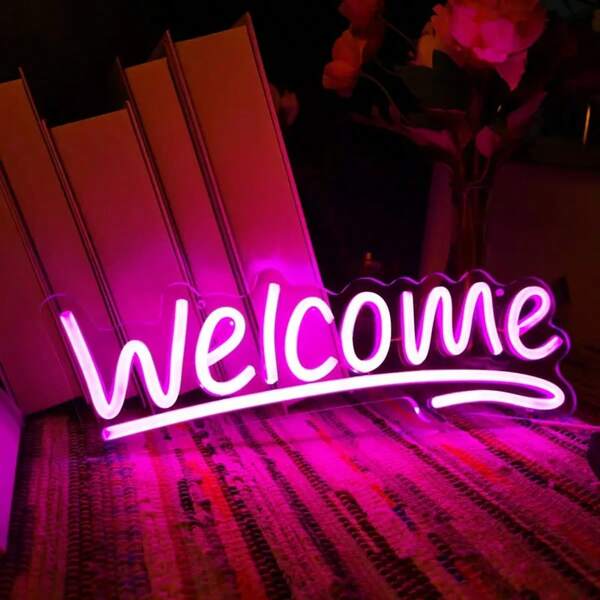 CTTNLS USB-betriebenes LED Neon Willkommensschild - Leuchtend rosa Wanddekoration für Zuhause, Geschäft, Party, Bar oder Restaurant mit Nano doppelseitigen Klebern und 5V USB-Stecker, Restaurant Atmosphäre | Modernes Neon Schild | USB-betriebenes Licht