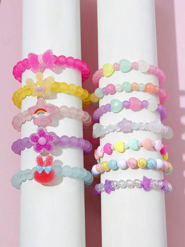 12pcs/Set Adorable Star Crown & Pearl Beaded Bracelet Set, Suitable For Daily Wear And Festivals, Random Colors