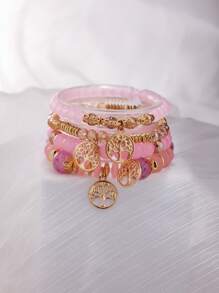 4 peças/Conjunto Boêmio Elegante Delicado Pulseira de Contas Pingente Árvore da Vida Dourada, Adequado para Decorações Diárias de Mulheres, Festas de Aniversário, Viagens