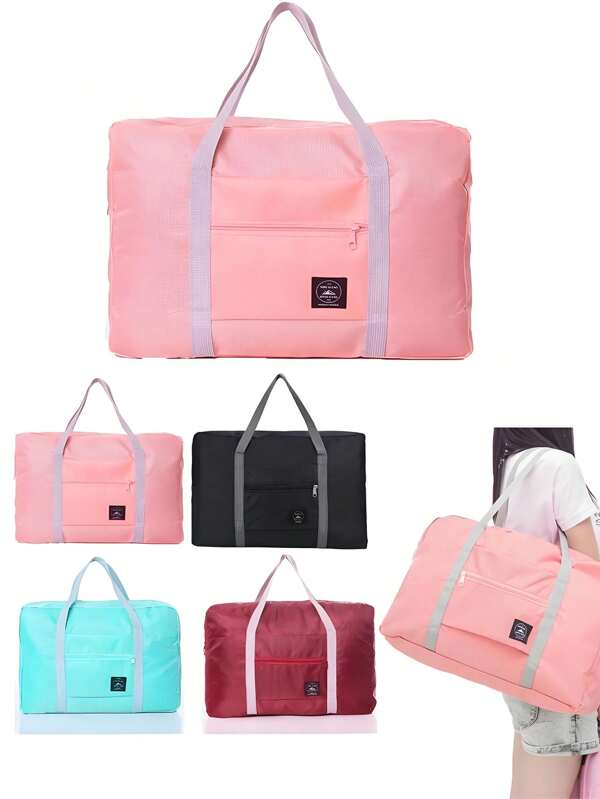 1pc Foldable Laundry Bag With Logo, Travel Organizer, Lightweight Washing Bag With Shoulder Strap, Durable Drawstring Closure, Multipurpose Rectangular Woven Toiletry Bag, Portable Closet Organizer, Space-Saving Home Storage, Carry-On Luggage, Suitable For Home And Travel, Essential For Back To School Storage