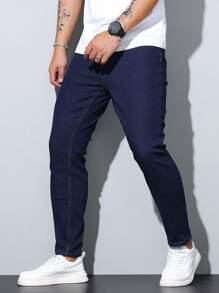 1 pieza Jeans de ajuste ceñido y elástico para hombres, pantalones casuales estilo coreano ajustados
