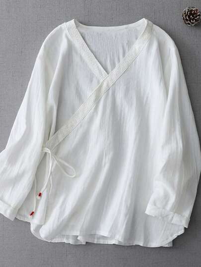 LUCIDVUE 1pc Women Improved Tang Dynasty Chinese Style Blouse, White Color, Spring/Summer New Vintage Cross Collar Lace Trim Tie Up Linen Casual Shirt, Zen Buddhist Tea Ceremony