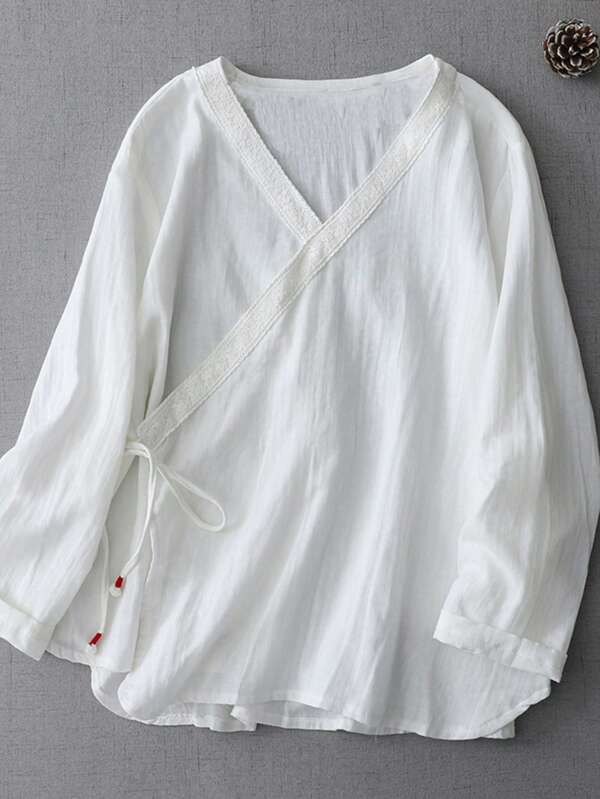 LUCIDVUE 1pc Women's Improved Tang Dynasty Chinese Style Blouse, White Color, Spring/Summer New Vintage Cross Collar Lace Trim Tie Up Linen Casual Shirt, Zen Buddhist Tea Ceremony Outfit