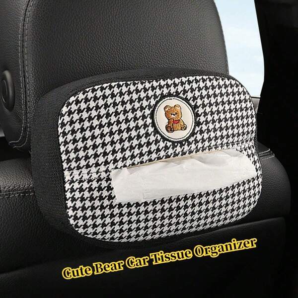 Cartoon Bear Embroidered Car Tissue Holder - Multi-Position Mount, Easy-Pull Design, Quick-Install Accessory For Women's Automotive Interior