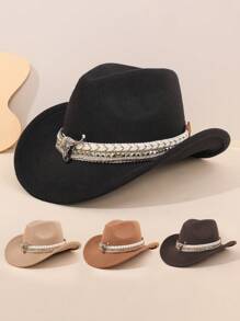 1Pc Western Cowboy Hat Felt Roll Up Cowgirl Hats Shapeable Outdoor Wide Brim Buckle Belt Hat For Men Women