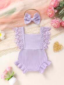 2pcs Set Casual Elegant Sweet Cute Baby Girl Romper, Soft Breathable, Solid Color Hollow Lace Tassel Trim Dress Bodysuit And Headband Set
