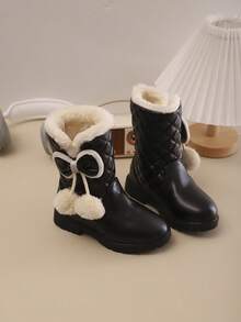 Mädchen Hohe Stiefel für Herbst/Winter, Neues Design mit warmem Plüsch, Schleifen-Dekor, Strass, modisch elegant minimalistisch, dick und warm, Schul-Stil