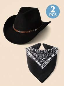 两件套西部牛仔服装，牛仔帽角色扮演配件，棕色牛仔帽儿童套装，趣味万圣节派对角色扮演，套装包含1顶牛仔帽和1条黑色头巾 - Black Cowgirl Hat(Star belt)+Black Bandana - 查看 5