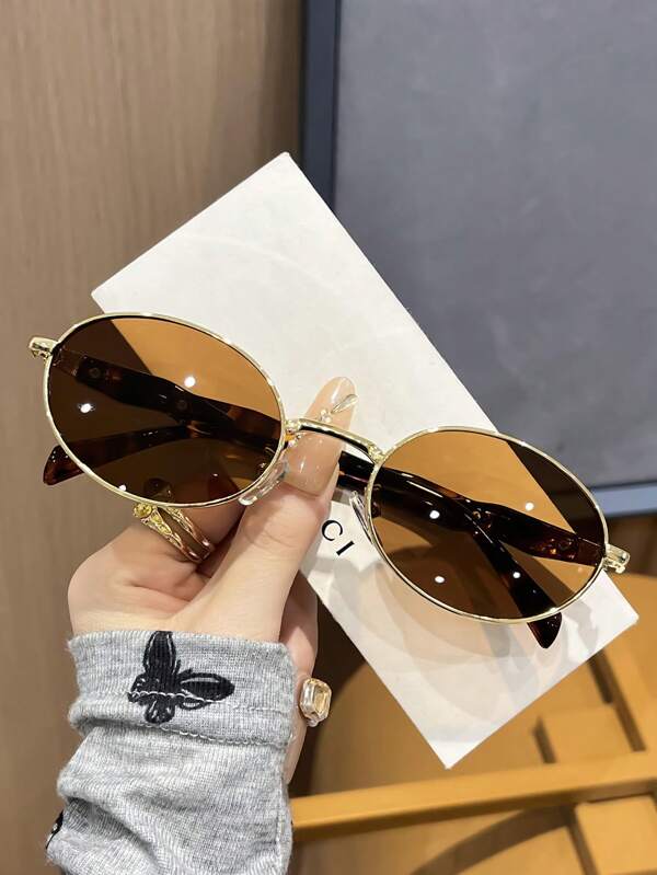 1pc Fashionable Women's Leopard Print Vintage Oval Metal Frame High-End Stylish Fashion Glasses, Suitable For Travel And Holiday