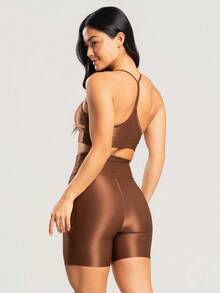 Women's Ribbed Gym Top And Shorts Fitness Set With Premium Shine - Rust Brown - View 5