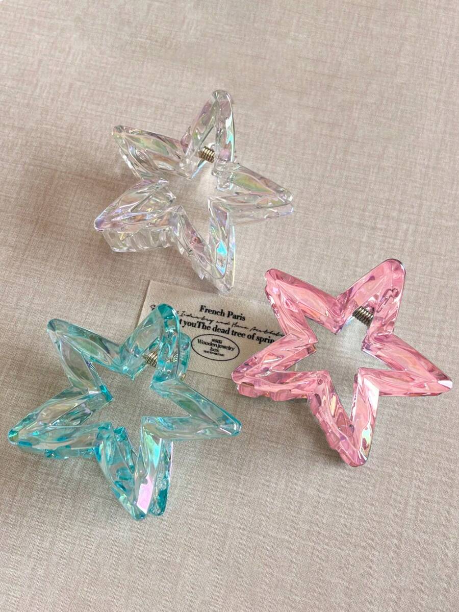 3 件/1 件女式 2.76 英寸粉色/白色/蓝色五角星塑料发爪夹，时尚简约优雅百搭发饰，适合日常佩戴、派对、通勤、海滩、发髻、马尾辫、化妆、服装搭配时尚发夹