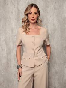 Women's Luxury Vest And Trousers Set - Simple Elegant Tailoring Casual Buttons On The Front Pocket Fake Pockets Office - 米色 - 查看 3