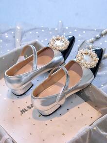 1 Pair Pointed Toe Block Heel Mary Jane Flats Suitable For Teens, All Seasons - Silver - View 7