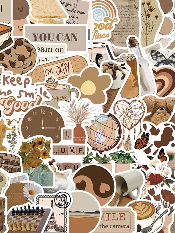 300Pcs Brown Retro Aesthetic Stickers For Suitcases, Computers, Mobile Phones, Notebooks, DIY Decorative Stickers