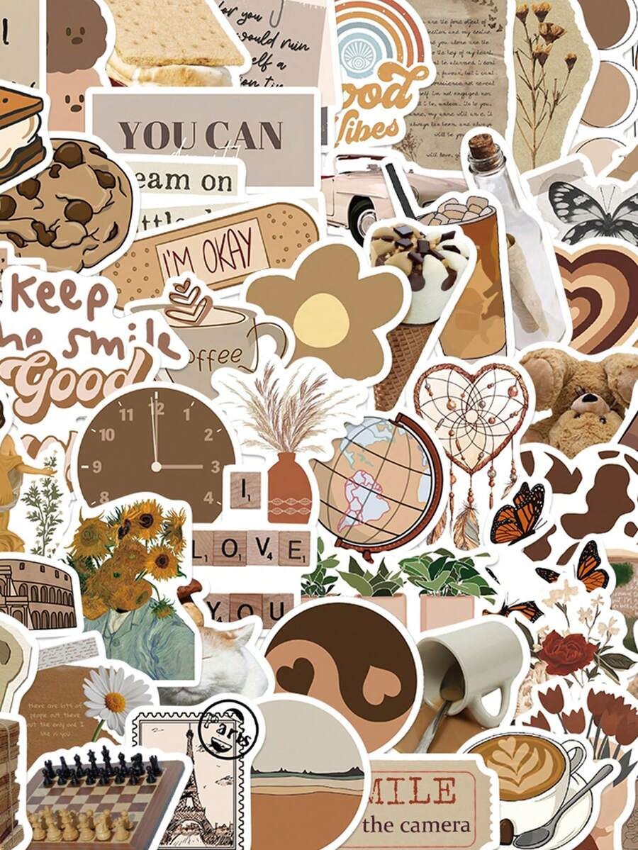 60pcs Retro Aesthetic Brown Stickers, Suitable For Luggage, Laptop, Phone, Notebook, DIY Decoration, School Supplies, Back To School Season