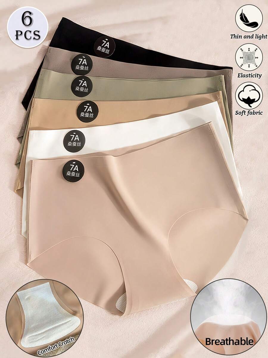 6pcs Set Seamless Ice Silky Panties For Women Sexy Traceless Lingerie Comfort Low Waist Underwear Women Solid Color Thin Cozy Briefs 7A Invisible Stretch Fabric Women Panty Smooth Feeling Breathable Boyshorts Underwear Shorts