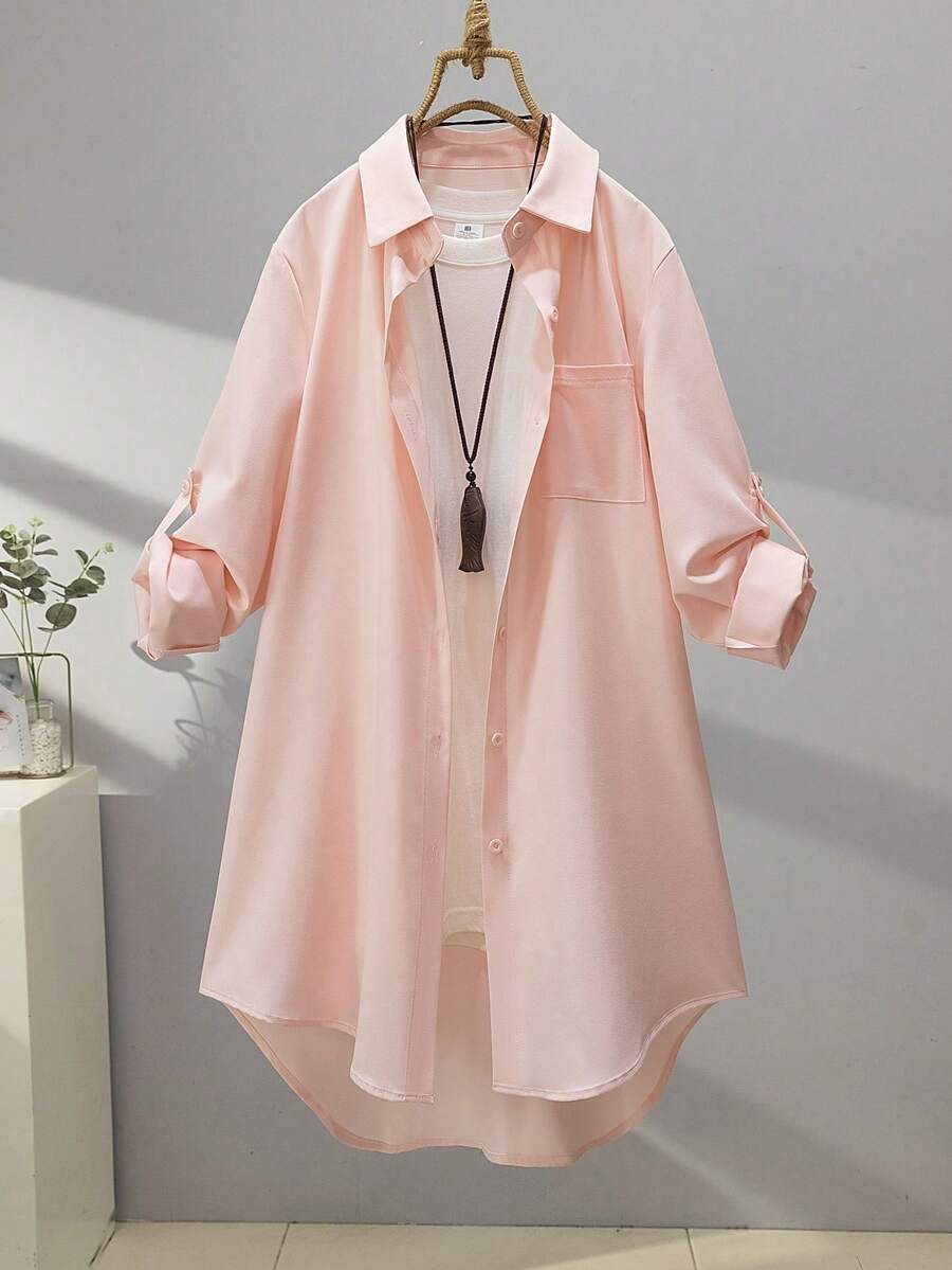 女士纯色长袖衬衫，夏季时尚