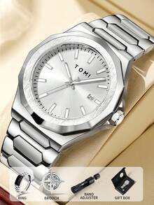 Conjunto de reloj de hombre a batería TOMI con gemelos y anillos, esfera de varilla sencilla, correa de aleación de zinc, reloj de cuarzo con caja de regalo, adecuado para uso diario, eventos de negocios, Día del Padre, regalos del Día de San Valentín - Multicolor - Ver 9