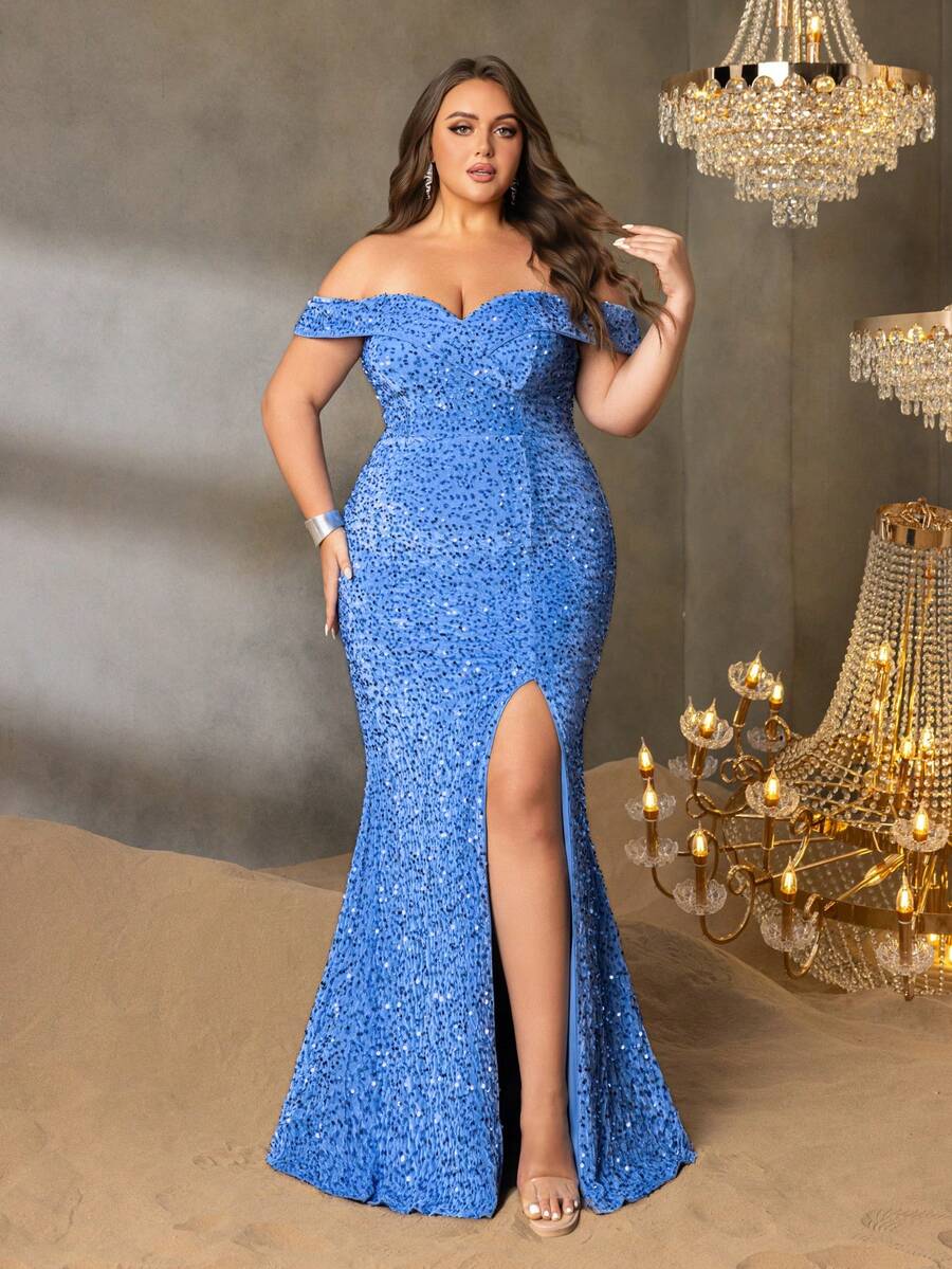 Faeriesty Đầm dạ hội cỡ lớn dành cho nữ, kiểu dáng đuôi cá, hở vai, đính sequin lấp lánh, thanh lịch, xẻ cao - Thích hợp cho các sự kiện thảm đỏ, đám cưới sang trọng, tiệc tùng lộng lẫy và các dịp trang trọng, trang phục nghỉ hè.