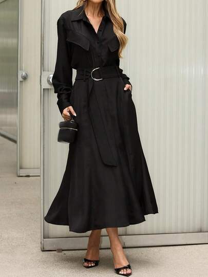 Women's Turn-Down Collar Single-Breasted Solid Color Belt Shirt Midi Dress, 2 Pieces Casual Solid Color Belt Outfit