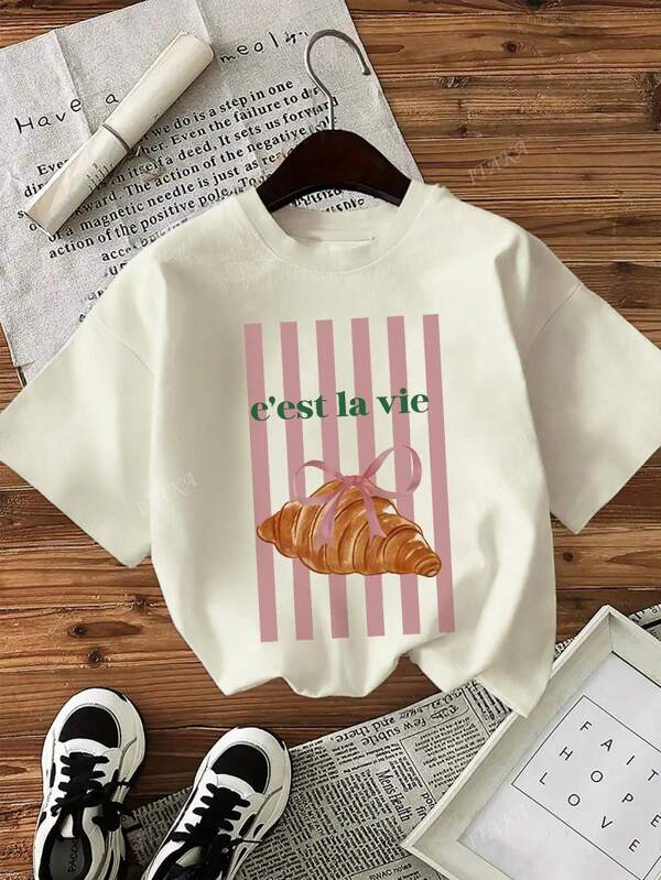Bow Pastry, gestreept T-shirt met sloganprint, dames ronde hals, slim fit zomer-T-shirt, 100% katoen, geschikt voor casual dagelijks gebruik, comfortabel, ademend, streetwear, geschikt voor uitjes en vakanties