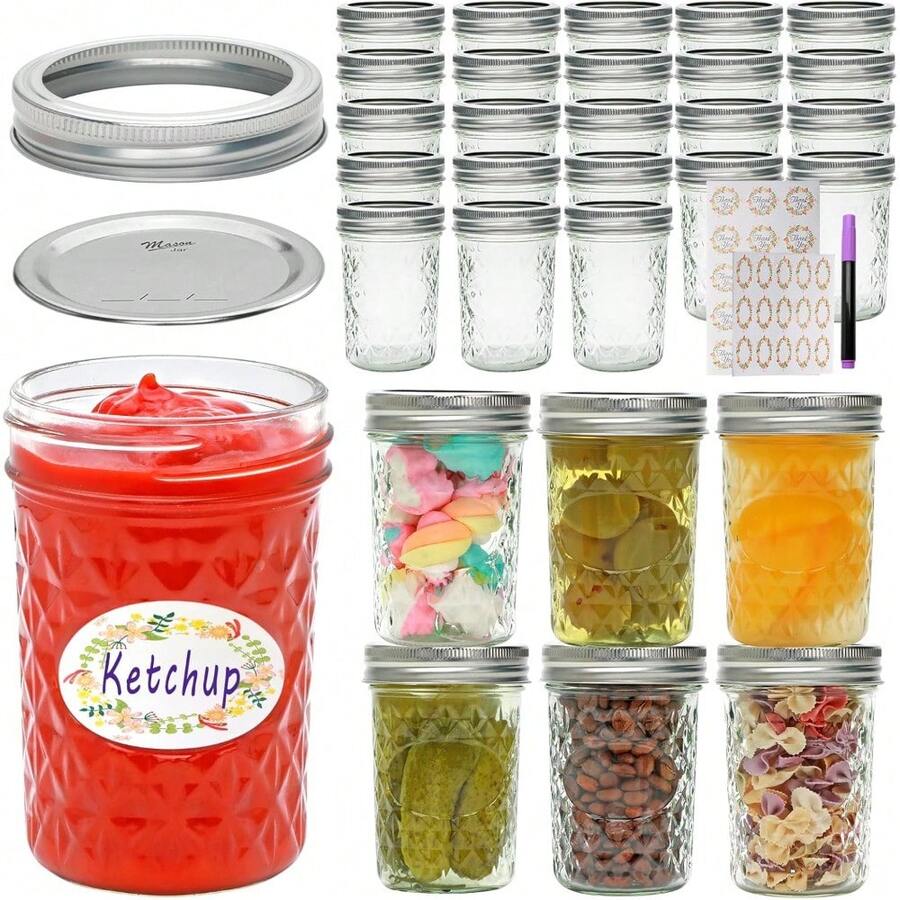 Jars 8 Oz With Airtight Lids, 30Pack Glass Regular Mouth Canning Jars, Small Quilted Crystal Jars For Storing Honey,Jelly, Overnight Oats,Jam - Silver - View 1