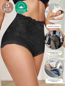 MIOTAN 5pcs Women High Waist Slimming Lace Patchwork Jacquard Pattern Briefs