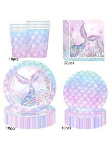 10pcs/20pcs/50pcs/80pcs Mermaid Theme Party Paper Plates & Tableware, Suitable For Princess Baby Shower, Under The Sea Mermaid Birthday Party Decorations, Ocean Theme Tableware (Plates, Cups, Napkins) - Multicolor - View 18