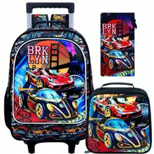 3PCS Car Rolling Bookbag For Boys, Kids School Backpack With Wheels, UV Printed Roller Wheeled Bookbag Set With Lunch Box