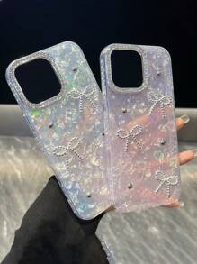 Funda de teléfono de lujo compatible con iPhone 16, 15, 14, 13, 12 Pro Max, 11 con diseño de concha de perlas 3D, lazo, brillo y cristales, cubierta trasera brillante