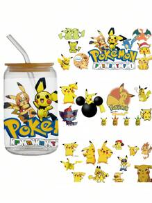 pokemon Pokemon, Pikachu Cartoon PVC Aufkleber, UV DTF Transfer, Wasserfest selbstklebend, glatte Oberfläche, geeignet für Glasflaschen, Dosen, Tassen - Form rechteckig, Cartoon Muster (ohne Flaschen)