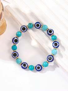 1pc Stylish & Elegant Black Obsidian Acrylic Devil's Eye Beaded Elastic Bracelet For Women, Suitable For Daily Wear