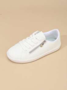 1 Pair Kids PU Leather Lace-Up Side Zipper Classic Student Shoes, Thick Sole Non-Slip Wear-Resistant Comfortable Soft Bottom Casual Sports Sneakers, Suitable For All Seasons