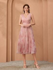 V-Neck Printed Chiffon Flared High-End Evening Dress