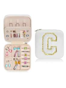 1pc Portable Travel Jewelry Box, Custom Lettered (A-Z) Organizer, Multi-Layer Jewelry Case With Mirror And Makeup Brush Holder, Suitable For Rings, Necklaces For Women Storage Organizer Travel Essentials Back To School Dormitory Storage