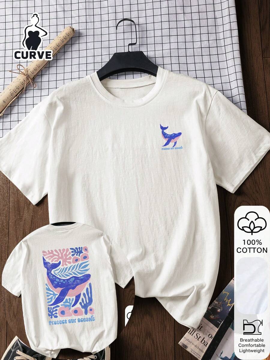 大码女式100%纯棉鲸鱼印花短袖T恤，休闲白色上衣，图案T恤，纯棉T恤，外出上衣，情人节，周年纪念日，浪漫礼物，送给她的礼物，送给女朋友的礼物，情侣装，表达爱意，我爱你，独特礼物，数量有限，返校服装，校园穿搭灵感，返校必备单品，开学第一天穿搭，2026返校穿搭 - 白色 - 查看 1