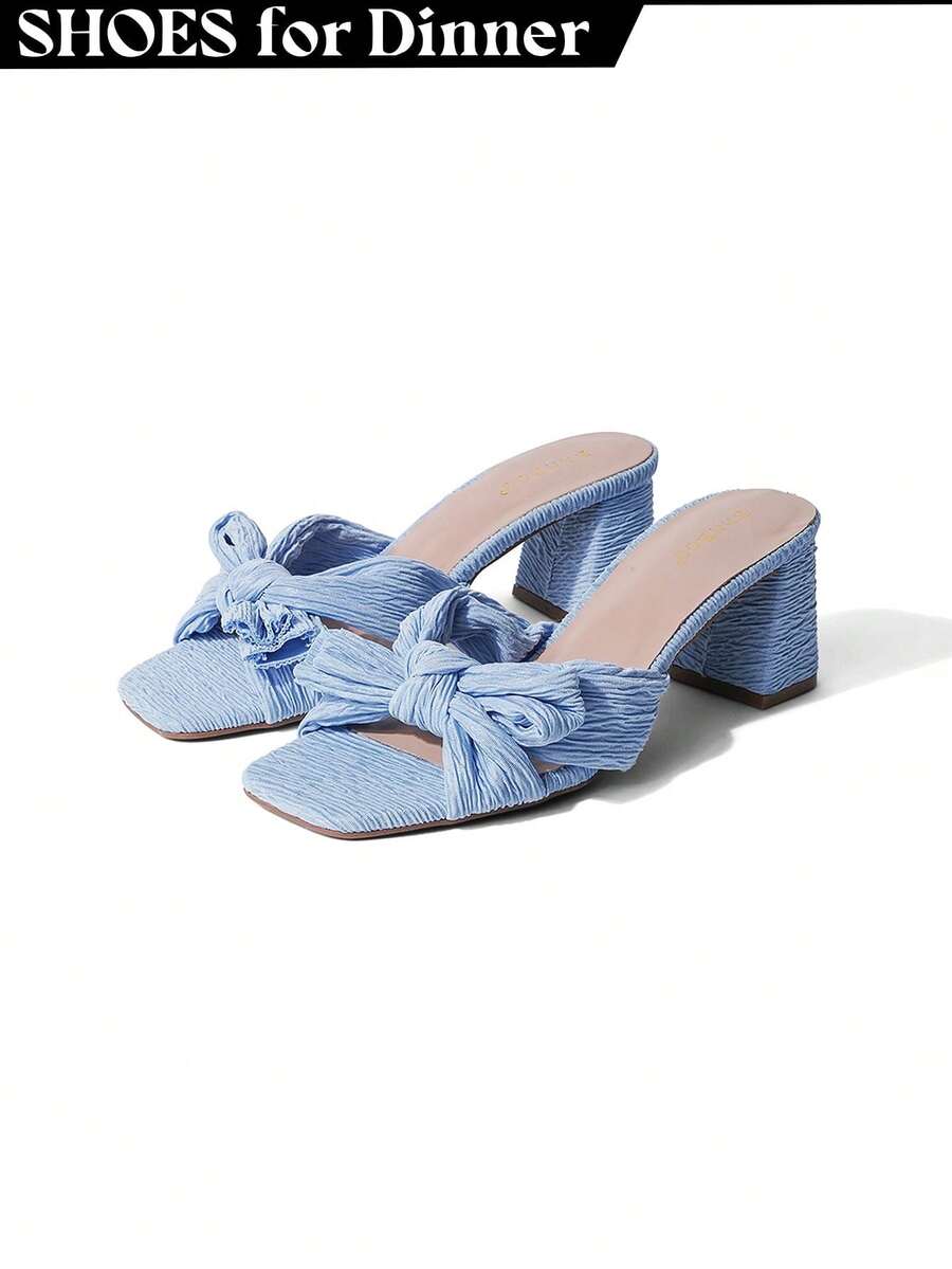 Women's Black Blue Coral Pink Bow Heel Mules – Pleated Fabric Square Toe Block Heel Slip-On Sandals [Size Up Half Size] - 藍色 - 查看 1