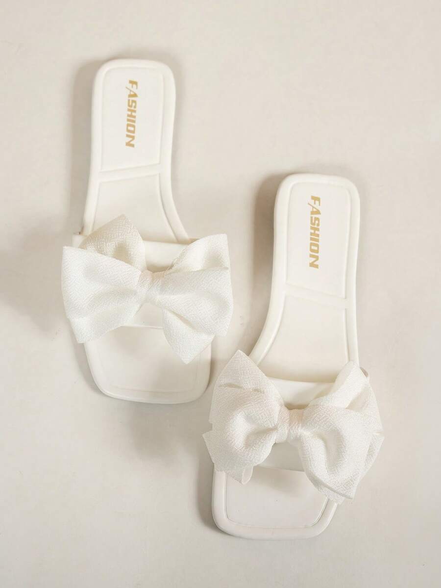 MICCOM Fashionable Women Flat Slippers, New Square Toe Rhinestone Design, Black Color, Versatile Summer Sandals - White - View 1