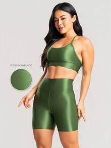 Women's Ribbed Gym Top And Shorts Fitness Set With Premium Shine - Green - View 1