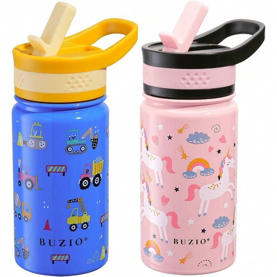 2 Pack Insulated Kids Water Bottle, 14oz Stainless Steel Water Bottles With Straw Lid, -FREE Lead-Free Double Wall Leak Proof Drink Cups Flask For School (Blue Car +Blue Dinosaur) - Pink Blue - 查看 1