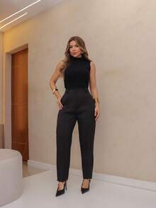 Straight Cut Tailored Trousers/ Front Pockets 216 - Black - View 1