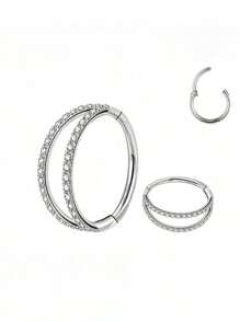 1 anel de septo articulado com incrustação de zircônia cúbica dupla | Joia de piercing de tragus de concha hipoalergênica em aço inoxidável banhado a ouro 18K 16G | Brinco labial com zircônia cúbica dupla | Design simples e elegante para uso diário feminino e presentes em festivais